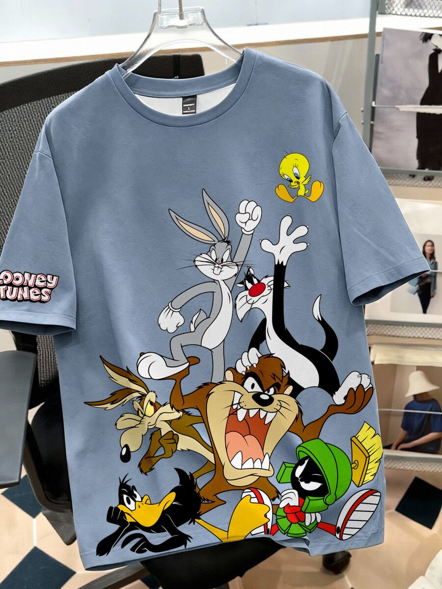 LOONEY TUNES X SHEIN Daypath Men's Cartoon Print Crew Neck Short Sleeve T-Shirt - Dusty Blue - View 1