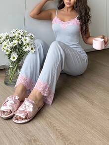 SHEIN 歐美風性感粉色蕾絲拼接女款睡衣套裝 - 藍色 - 查看 6