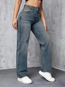 SHEIN EZwear 女款街頭風鈕扣口袋牛仔長褲，適合日常穿著 - Fresh Green - 查看 5