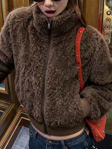 DAZY Brown Oversized Lapel Faux Fur Fabric Loose Long Sleeve Casual Short Jacket - Khaki - View 5