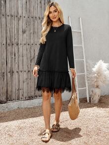 EMERY ROSE Women's Solid Color Round Neck Long Sleeve Contrast Lace Ruffle Hem Casual Short Dress - Black - View 4