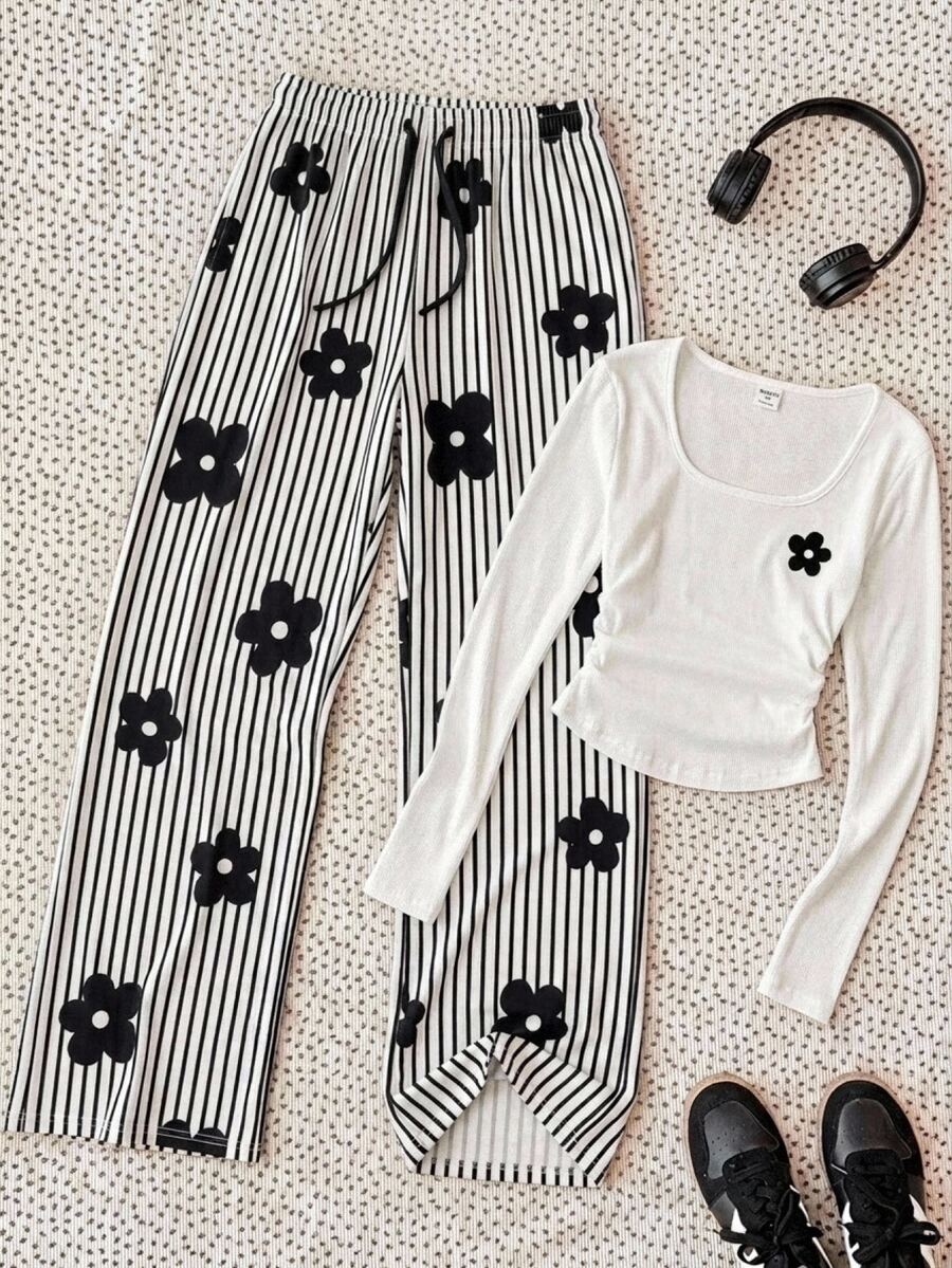 SHEIN Kids Tween Girl Knit Solid Color Floral Pattern Square Neck Ruched Casual T-Shirt + Knit Floral Stripe Long Pants 2 Pieces Set - Multicolor - View 1