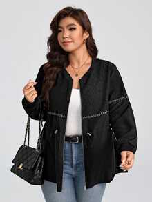 SHEIN LUNE CURVE European & American Plus Size Women's Black Patchwork Baseball Jacket, Casual Style Embossed Embossed Fabric With Chain Decoration, Cinched Waist, Loose Fit Zip-Up Jacket - Black - View 5