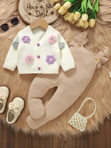 SHEIN 新生兒 3D 花朵裝飾長袖上衣與針織長褲套裝 - 駝色 - 查看 8