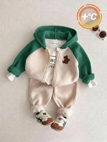 SHEIN 嬰兒男孩/女孩可愛百搭針織拼色熊貼布拉鍊運動衫，適合秋冬，適用於外出、學校、幼兒園 - 彩色 - 查看 1