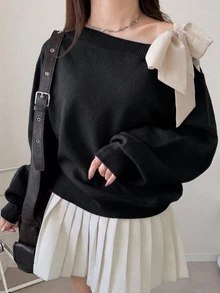 Dazy Plus Contrast Color Cold Shoulder Dropped Shoulder Long Sleeve Bowknot Loose Casual Versatile Pullover Sweater Spring Autumn New Arrival - Black - View 3