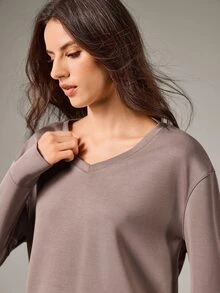 OutZeal Women Sports Sweatshirt Daily Casual Lounge Natural Soft Solid Color V Neck Long Sleeve T-Shirt - Brown - View 7