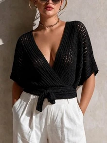 SHEIN LUNE CURVE 大尺碼女款優雅百搭鏤空綁帶中袖開襟衫 - 黑色 - 查看 4