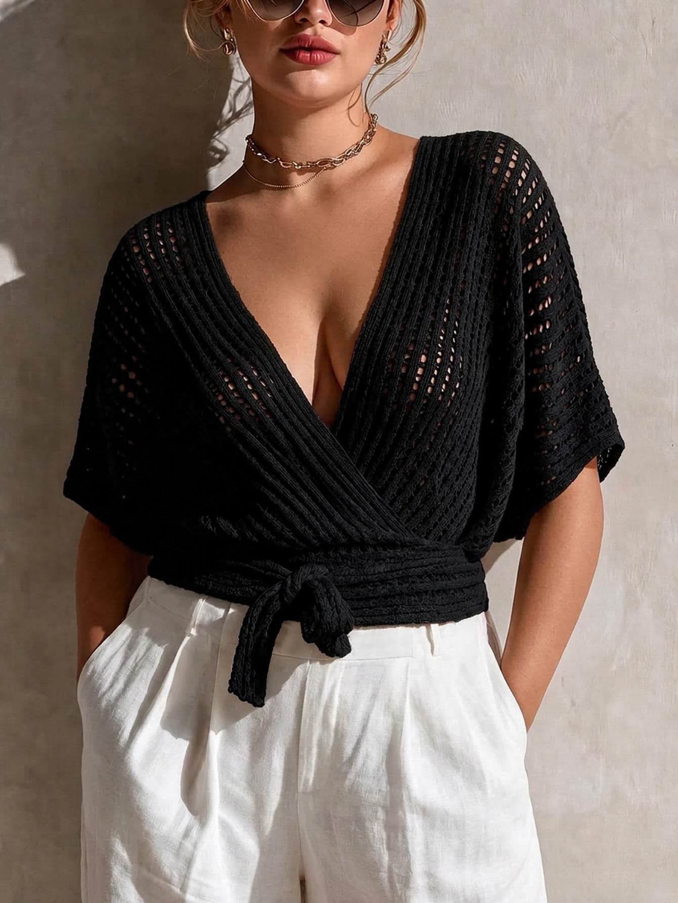 SHEIN LUNE CURVE Cardigan Lengan Sedang Bertali dengan Detail Berongga, Elegan, dan Serbaguna untuk Wanita Ukuran Plus - Hitam - View 1