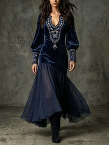 LUMIGAL Women's Elegant Velvet Printed Patchwork Dress - Navy Blue - View 1