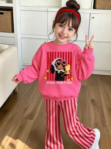 幼童女童卡通狗條紋愛心運動衫與慢跑褲套裝，粉紅紅白秋冬套裝，2件組 - 彩色 - 查看 4