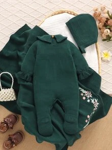SHEIN 粉色嬰兒針織連身衣，精緻刺繡彼得潘領，連腳連身褲 3 件套，帽子 + 編織毯，新生兒套裝 - 墨綠色 - 查看 2