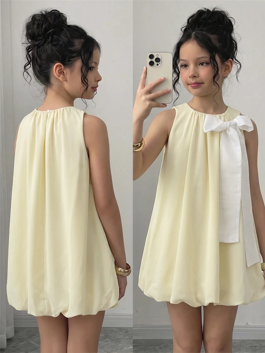 Kids Tween Girl Bow Decor Casual Everyday Summer Dress - Yellow - View 1