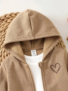 Baby Girls Heart Pattern Zipper Pullover Jacket And Loose Sweatpants Set - Khaki - View 5