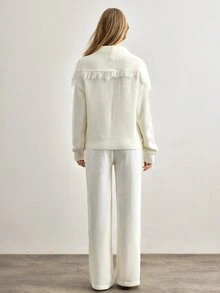 SHEIN Women Loose Fit Double Breasted Fringe Detailed White Cardigan And Sweater Pant Knit 2pcs Set - White - View 6