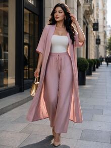Auveirra Plus Size Women Solid Color Open Front Long Robe And Pants Casual Daily 2 Pieces Set - Pink - View 7