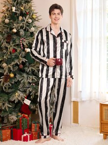 CoupledUp Black & White Vertical Striped Men's Pajama Set With Letter Print, Loose Fit Lapel Collar, Home Wear & Outerwear - Black and White - View 1