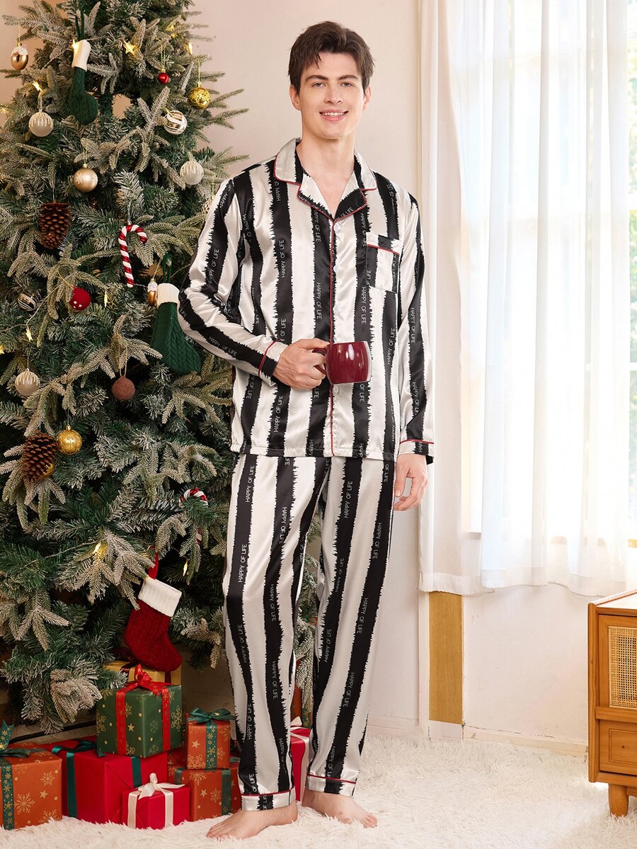 CoupledUp Black & White Vertical Striped Men's Pajama Set With Letter Print, Loose Fit Lapel Collar, Home Wear & Outerwear - Black and White - View 1