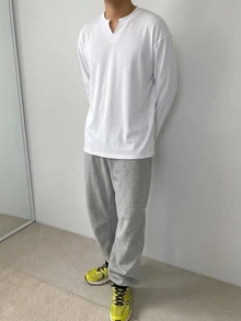 DAZY 男士白色針織面料小V領長袖T恤，適合春秋穿著 - 白色 - 查看 5