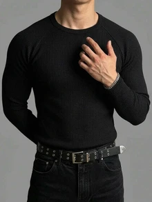 DAZY Spring/Autumn Black Slim Fit Raglan Sleeve Crew Neck Ribbed Elastic Knit Fabric Streetwear Men's T-Shirt - Black - View 7