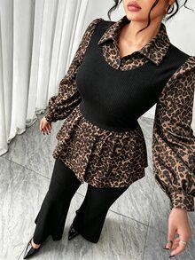 Elenzga Plus Size Casual Versatile Commute Patchwork 2 In 1 Shirt Top + Versatile Minimalist Flared Long Pants 2 Pieces Set - Multicolor - View 3
