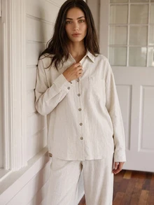 Livesso Women's Solid Color Single-Breasted Long Sleeve Top And Pants Casual Daily Loungewear Set - Beige - View 6