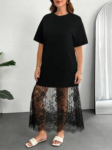 Shapeblank Plus Size Romantic Lace Patchwork Dress, Suitable For Graduation Ceremony, Birthday Party, Elegant And Noble Style, Autumn Outfit - Black - View 4