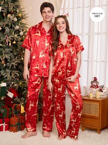 CoupledUp Conjunto de pijama para mujer con estampado navideño de renos ...
