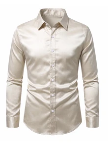 Manfinity Bizformal 1件男士襯衫，直條紋面料，通勤百搭，時尚舒適，男友禮物，丈夫禮物，週年紀念禮物 - 杏色 - 查看 4