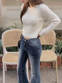 DAZY Women's Solid Color Fitted Short Long Sleeve Crew Neck Casual Daily Vacation Korean Style Autumn/Winter Knit Sweater - White - View 5