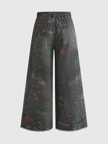 ROMWE Fairycore Mori Style Vintage Plus Size Women's Wide Leg Denim Jeans With Butterfly Floral Print And Distressed Design, Slimming Loose Fit Long Pants For Daily Streetwear - Black - View 2