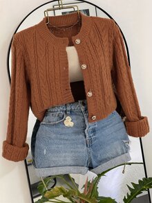 INAWLY Caramel Cable Knit Cardigan, Round Neck Pearl Button Short Vintage Soft Style Plus Size Women's Sweater - Brown - View 1