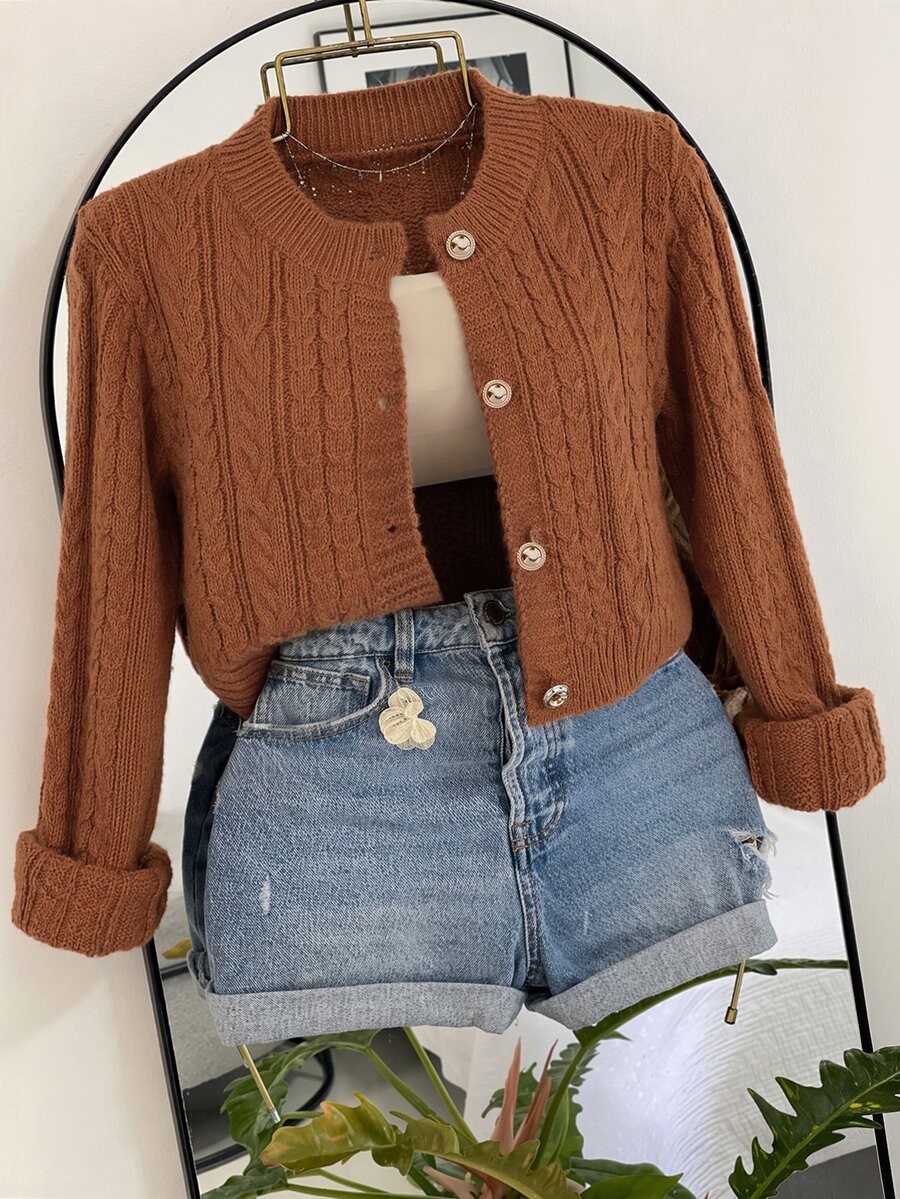 INAWLY Caramel Cable Knit Cardigan, Round Neck Pearl Button Short Vintage Soft Style Plus Size Women's Sweater - Brown - View 1
