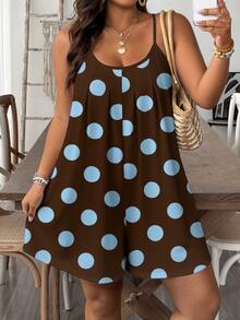 SHEIN VCAY Plus Size Women's Brown & Blue Polka Dot Vacation Jumpsuit, Loose Fit Short Strap Romper - Multicolor - View 3
