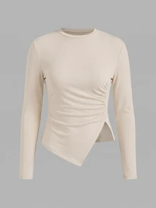 SHEIN BASICS 3-Pack Women's Solid Crew-Neck Long-Sleeve Ruched Side-Slit Casual T-Shirt - Multicolor - View 6