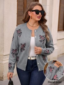 EMERY ROSE Plus Size Women's New Fashion Printed Thin Knit Cardigan, Casual Versatile Lightweight Jacket For Spring And Autumn - Grey - View 2