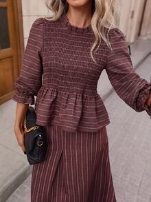 Brillora Brown Striped Top And Skirt 2 Pieces Set - Burgundy - View 8