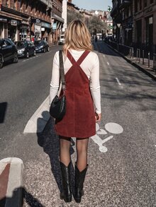 LanaWest Autumn Vintage Rust Red Early Autumn Zipper Slimming Straight Short Tank Dress With Pockets - Red - View 2