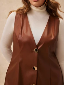 Écloséra Curve Women's Plus Size Autumn/Winter Solid Brown PU Leather Fashion Minimalist Front Button Cinched Waist A-Line Dress, Suitable For Commuting, Shopping And Other Daily Occasions - Brown - View 6