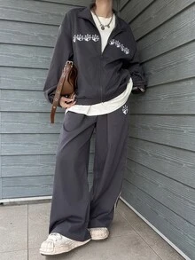 FRIFUL Women's Stand Collar Zip-Up Long Sleeve Top And Pants Casual Daily 2 Pieces Set - Grey - View 1