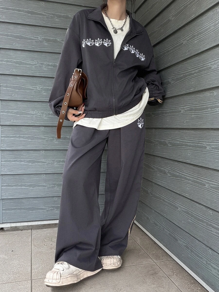 FRIFUL Women's Stand Collar Zip-Up Long Sleeve Top And Pants Casual Daily 2 Pieces Set - Grey - View 1