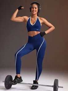 Powerista سروال ضيق نسائي أزرق وأبيض بدون خياطة بطول 9/10 - ازرق وابيض - مشاهدة 5