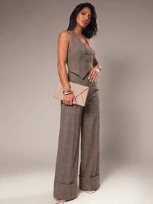 Radiana Casual Night Out Fashion Minimalist Houndstooth Commuter Set, Backless Blazer Vest Extra Long Wide Leg Pants 2-Piece Set, Old Money Style Suit, Sexy - Brown - View 2