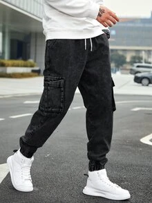 EGENSIO Plus Size Men's Drawstring Waist Casual Daily Wear Cargo Denim Jeans - Black - View 8