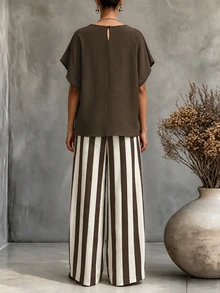 SHEIN Holidaya Women Solid Batwing Short Sleeve Top & Vertical Stripe Wide Leg Pants Set, Casual Loose Fit Two Pieces Outfit For Summer - Brown - View 2