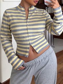 Muchica Plus Size Women's Striped Zipper Front Casual Knit Cardigan - Multicolor - View 5