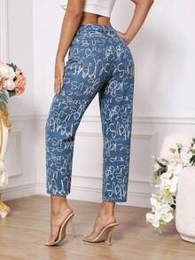 SHEIN PETITE 女款破洞字母印花鈕扣修身時尚牛仔褲 - 藍色 - 查看 2