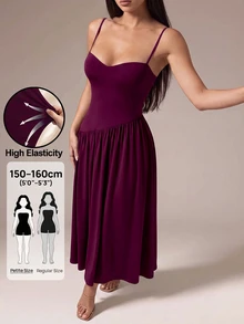 SHEIN PETITE 女款純色百褶優雅收腰派對細肩帶洋裝 - 紫色 - 查看 3