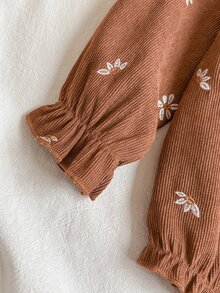 SHEIN Vintaside Kids 1pc Baby Girls Bodysuit Cute Sweet Brown Cream Floral Ruffle Bow Long Sleeve Ruffle Cuff Peter Pan Collar Ribbed Party Fall Elegant Chic - Brown - View 7