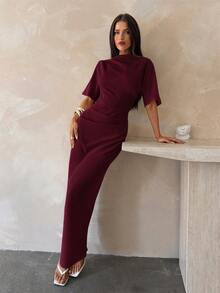 Aloruh New Solid Color Versatile Elegant Intellectual Minimalist Office Commute Ruched Decor Loose Top Tight Skirt Long Sleeve Midi Dress - Burgundy - View 7